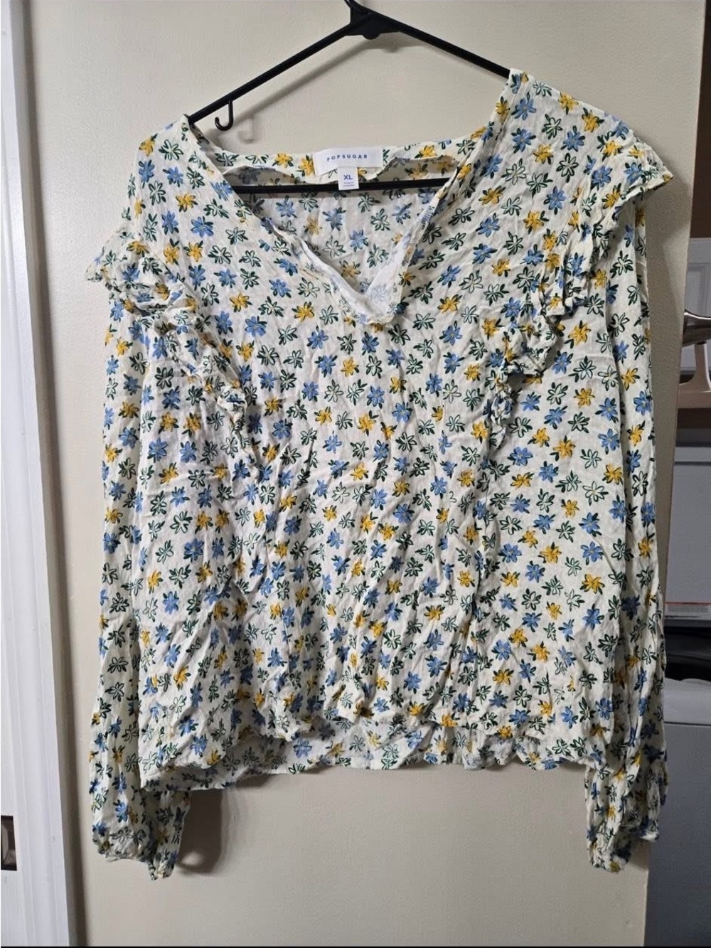 Floral V-Neck Long Sleeve Blouse - White with Blue & Yellow Flowers